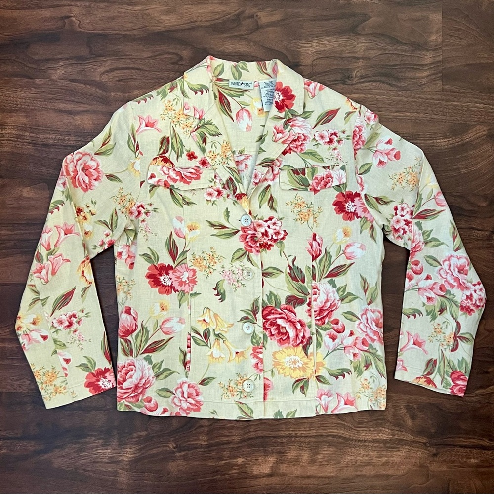White Stag Floral Jacket Blazer Linen Blend Pockets Cottage Women's Size S 4/6